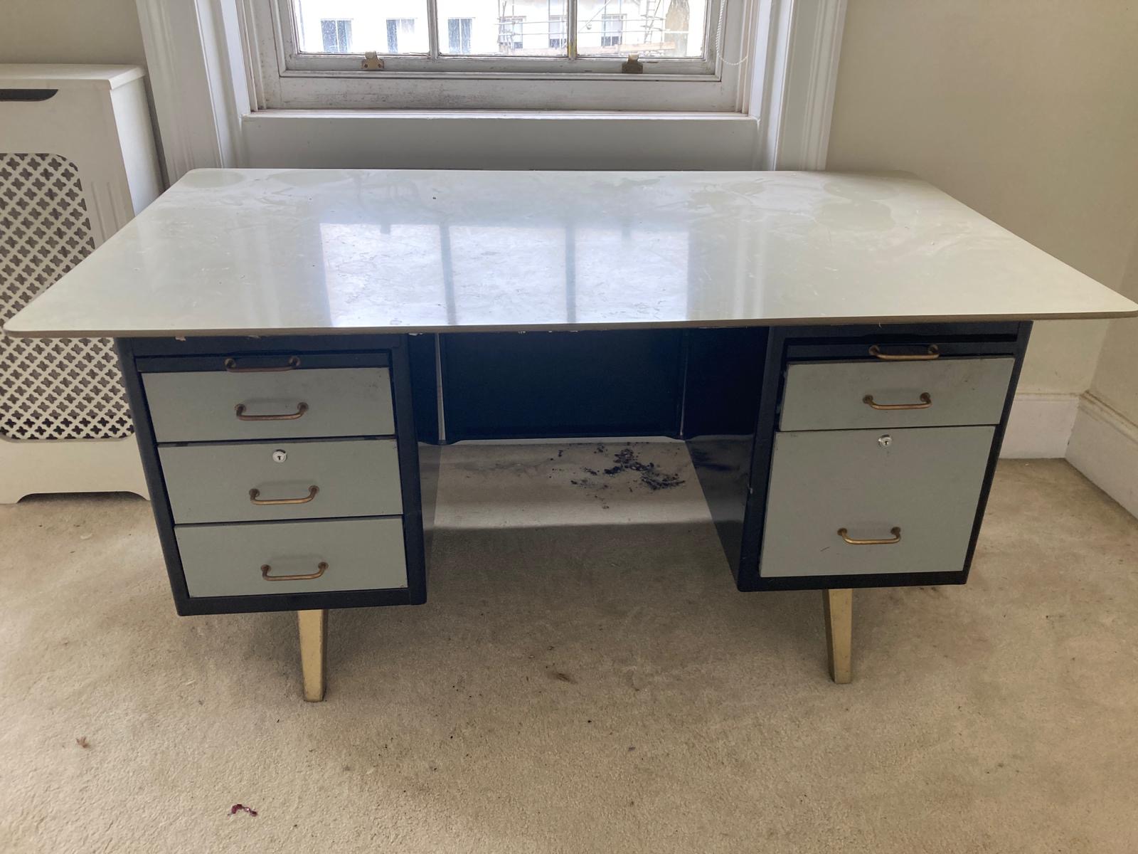 A mid century French industrial style metal kneehole desk, width 160cm, depth 90cm, height 78cm